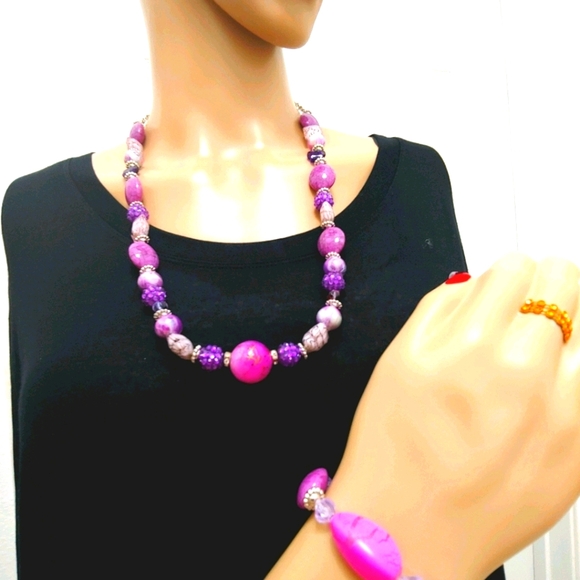 247NEB117 Handmade 3 Pc. Purple Beaded  Necklace Set - Picture 2 of 7